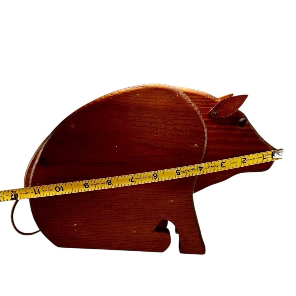 Vintage PIG PIGGY BANK Wood HandMade Coin Bank Folk Art Leather Ears & Tail - Picture 7 of 8